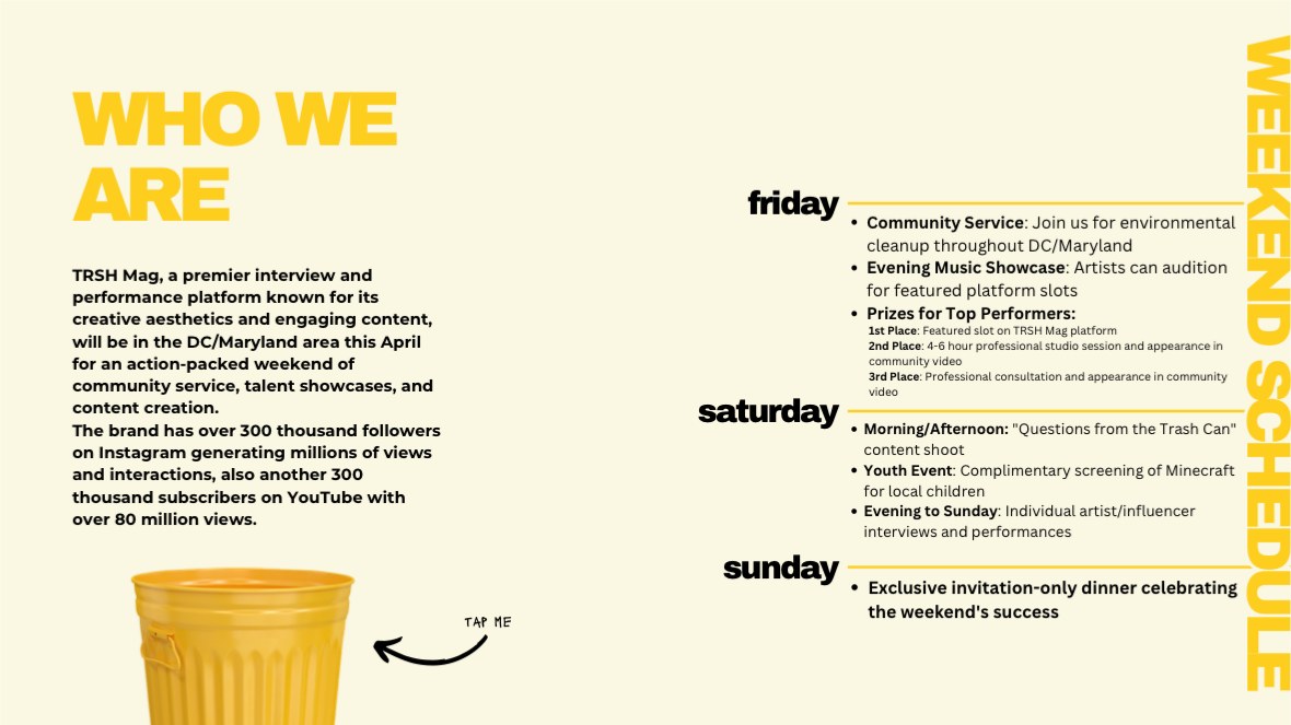 TRSH Mag Weekend sponsorship deck, Who we are + weekend schedule