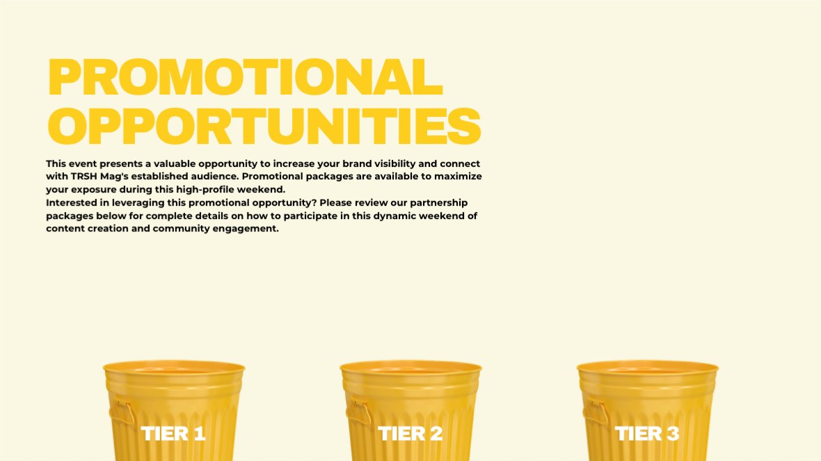 TRSH Mag Weekend sponsorship deck, Promotional opportunities · tiers